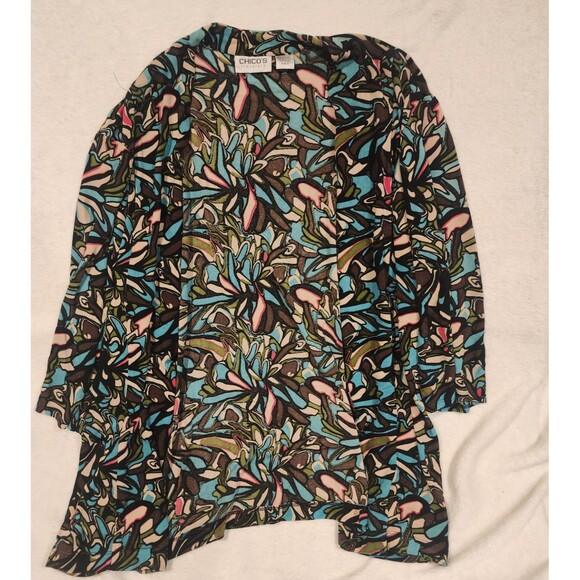 Chicos Traveler Colorful Art Abstract  2 Piece Open Front Cardigan And Tank Sz 3 - Picture 2 of 7